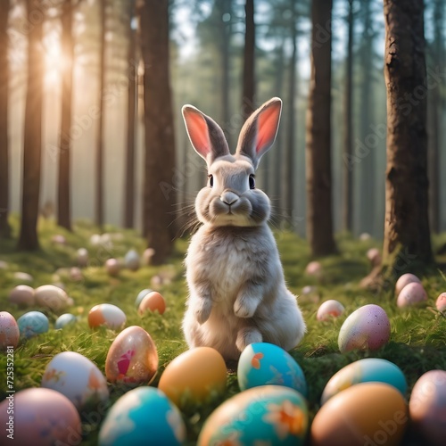 easter bunny in a dreamy and calm forest with decorated and colorful eggs © QasimAli