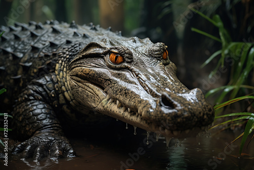 A majestic crocodile emerges from the water in a dense jungle under a cloudy sky.