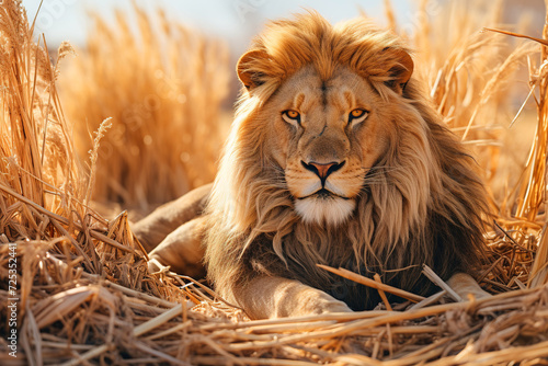 Majestic lion resting in a golden wheat field at sunset