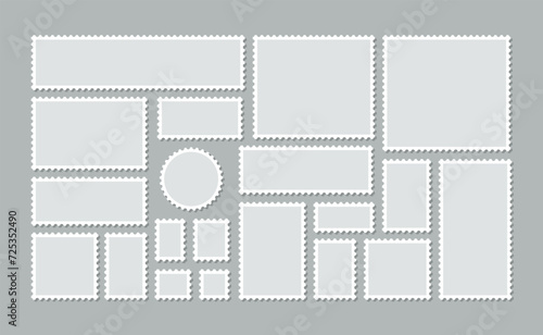 Blank frames for mail letter. Post stamps set. Empty stamps with different shapes. Postal border. Postage perforated templates. Collection paper postmarks isolated on background. Vector illustration.
