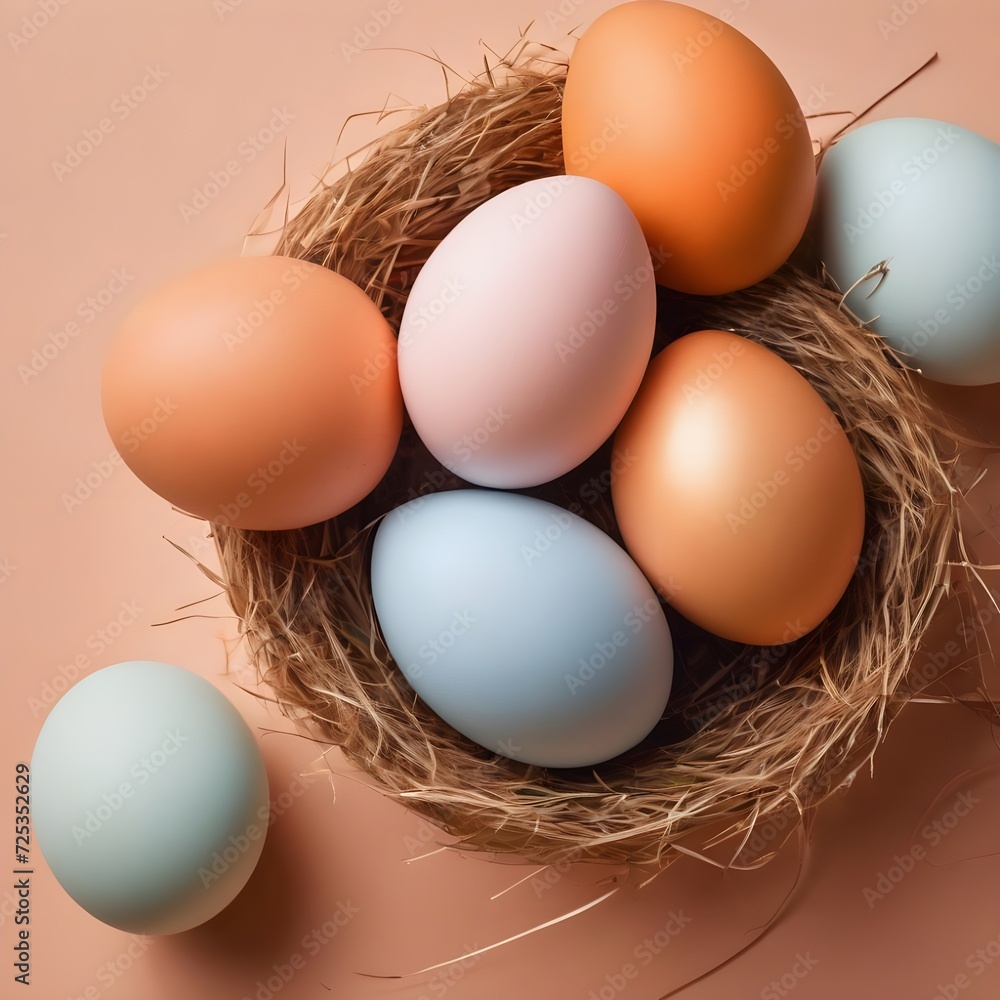 Still life of a nest of Easter eggs on a peach fuzz colored background. Banner with copy space Still life of a nest of Easter eggs on a peach fuzz colored background. Banner with copy space