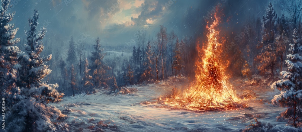 Burning Maslenitsa amidst snow and trees.