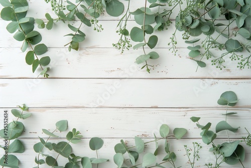 Eucalyptus branches and leaves on wooden rustic