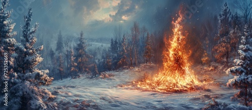 Burning Maslenitsa amidst snow and trees.
