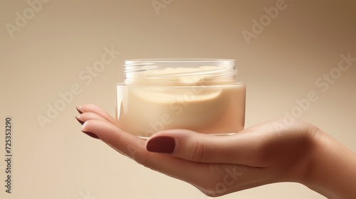 Mock up of jar for packaging cosmetics on woman's hand. Unmarked container with moisturizer close-up on beige background. Concept of skin care, rejuvenation.