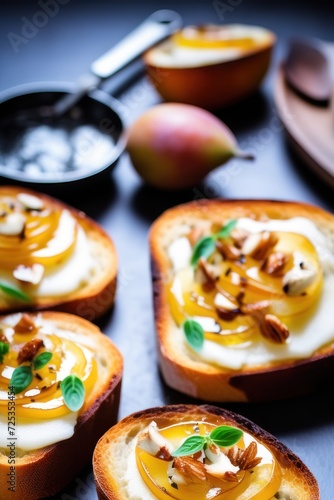 Bruschetta with caramelized pears and cheese, delicious crostini for gourmet breakfast, brunch or lunch