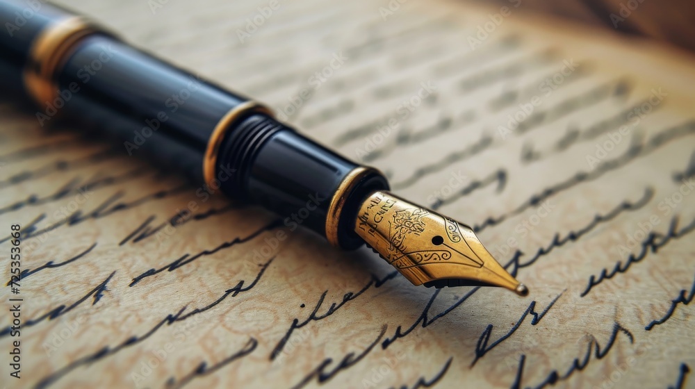 Fototapeta premium Fountain pen resting on handwritten document.