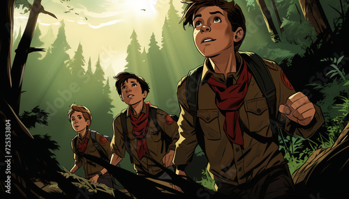 boys scout kids in forest comic book style