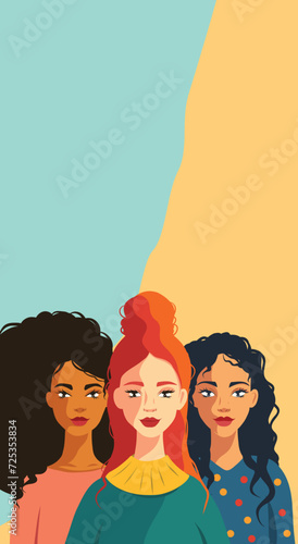 Vector vertical flat banner for Women's Day, three feminist women of different cultures. Vector concept of movement for gender equality and women's empowerment