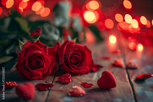 Lush red roses with heart-shaped craft and soft bokeh lights on a wooden backdrop.