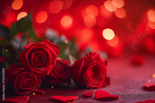Lush red roses with heart-shaped craft and soft bokeh lights on a red backdrop.