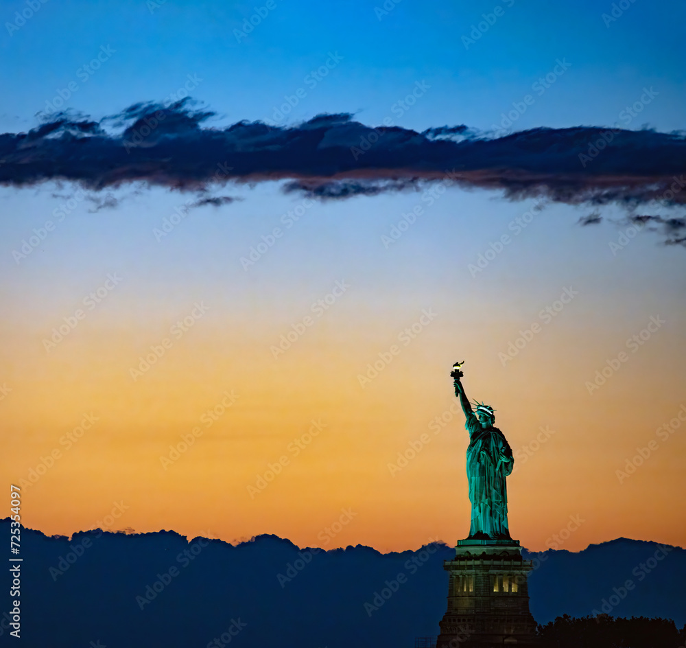 Statue of Liberty against dramatic orange twilight sky Beautiful!