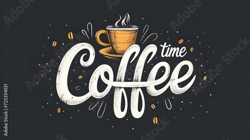 Poster take out coffee cup with lettering Coffee time for cafe and coffee take away. Monochrome vintage drawing for drink and beverage menu or cafe theme.