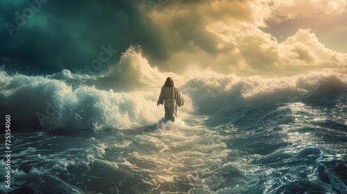Jesus walks on water across the sea during a storm. Biblical theme concept. 