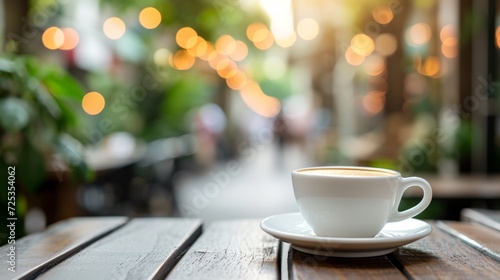White cup of coffee on table in outdoors cafe with blurred city street background, beautiful morning coffee.