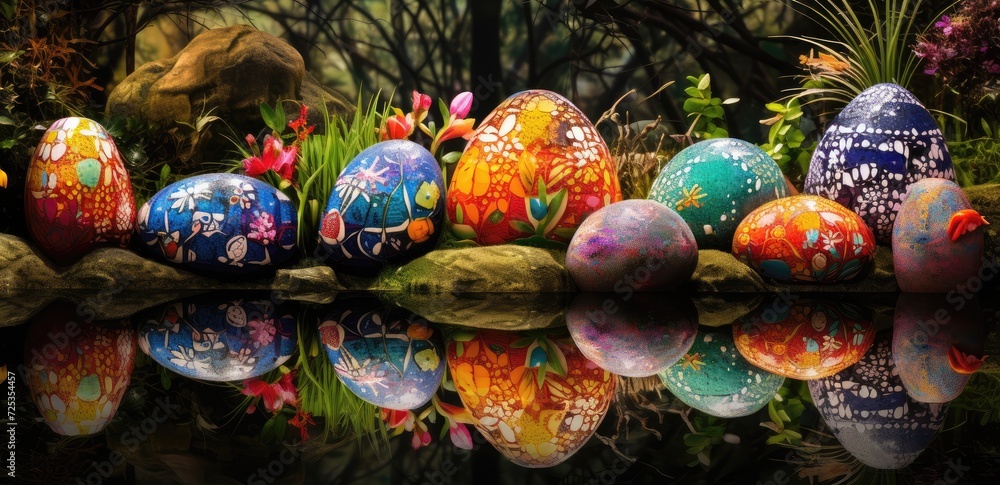 Vibrant Mosaic Easter Eggs Adorned with Spring Florals by the Pond - Generative AI