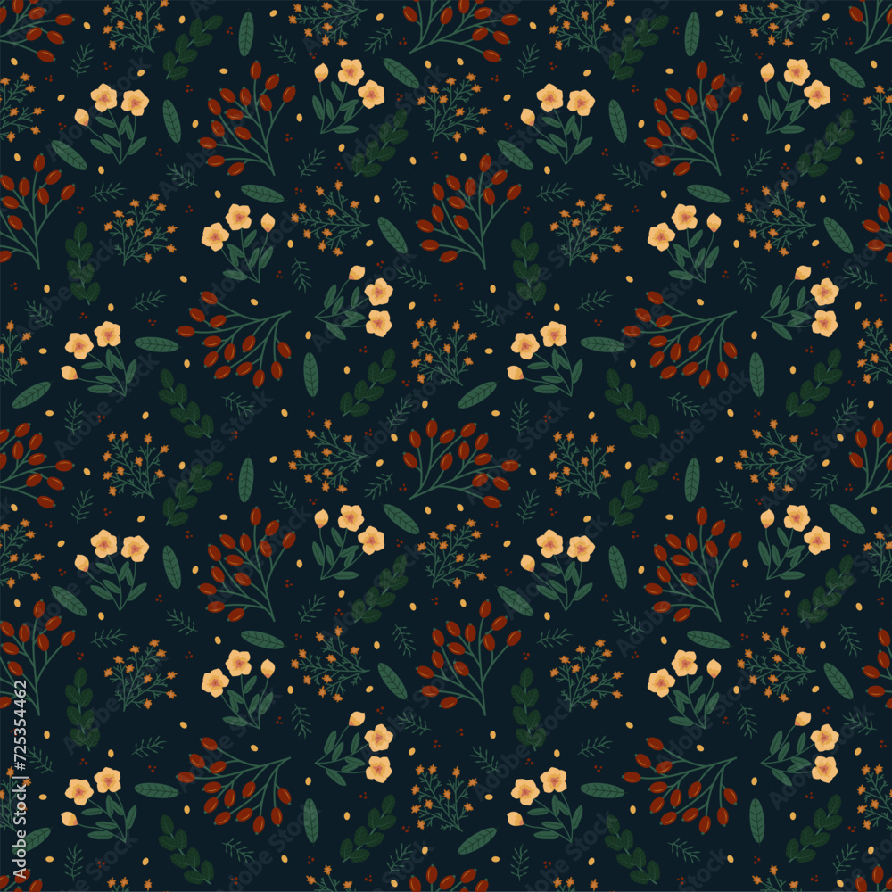 Garden flower, plants, botanical, seamless vector design for fashion, fabric, wallpaper and all prints on a dark background. Cute pattern in a small flower. Small colorful flowers.