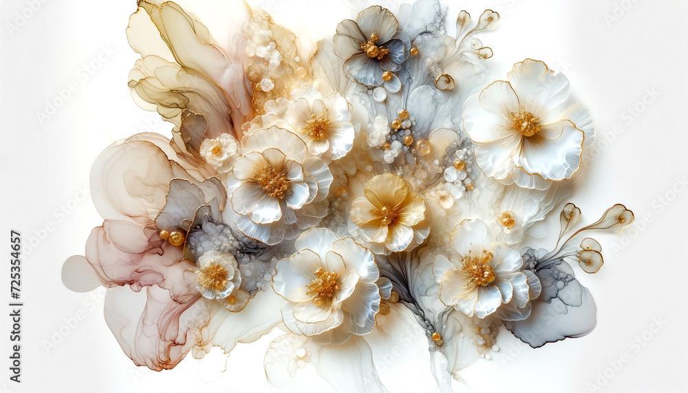 Obraz premium Abstract flowers with fluid alcohol ink paint by yellow soft tones and gold on white background.