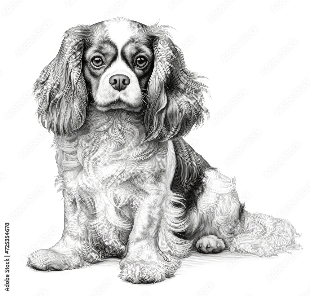 Detailed Pencil Sketch of a Loyal King Charles Spaniel in Monochrome - Generative AI Detailed Pencil Sketch of a Loyal King Charles Spaniel in Monochrome - Generative AI