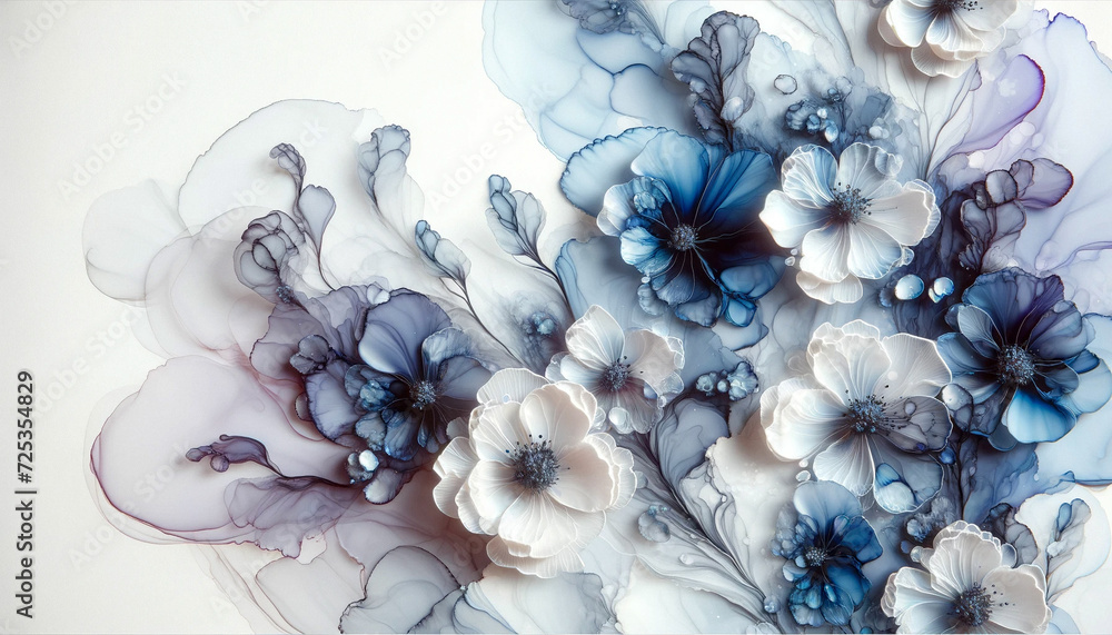 Abstract flowers with fluid alcohol ink paint by white and soft tones blue on white background.