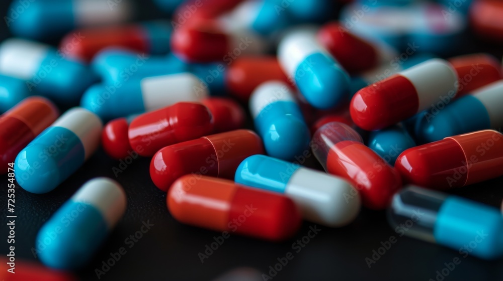 Closeup colorful medical pills and capsules on a dark background. Medicine for treatment. Pharmaceuticals