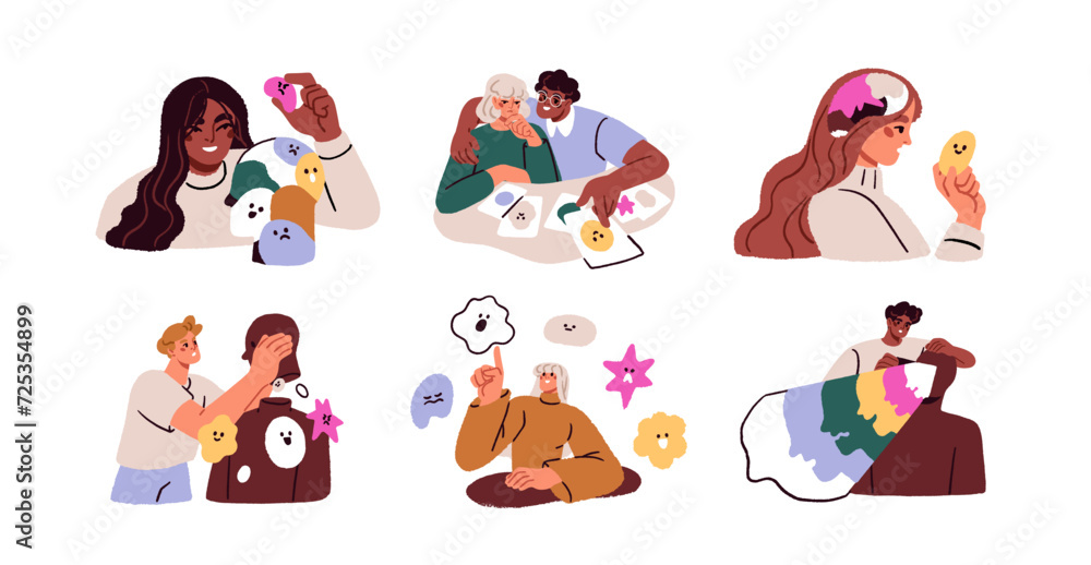 Emotional intelligence, feelings control and balance, psychology concept. Choosing mood, reaction, mind state regulation. Mental health set. Flat vector illustrations isolated on white background