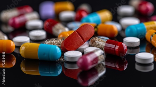 Closeup colorful medical pills and capsules on a dark background. Medicine for treatment. Pharmaceuticals