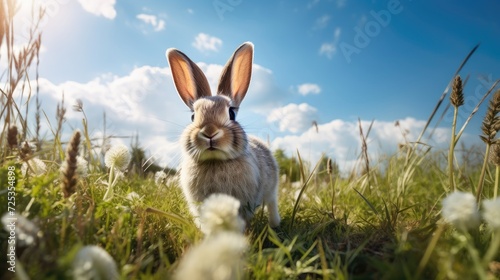 Sunny Meadow Walk: A Curious Bunny Enjoys the Warmth - Generative AI
