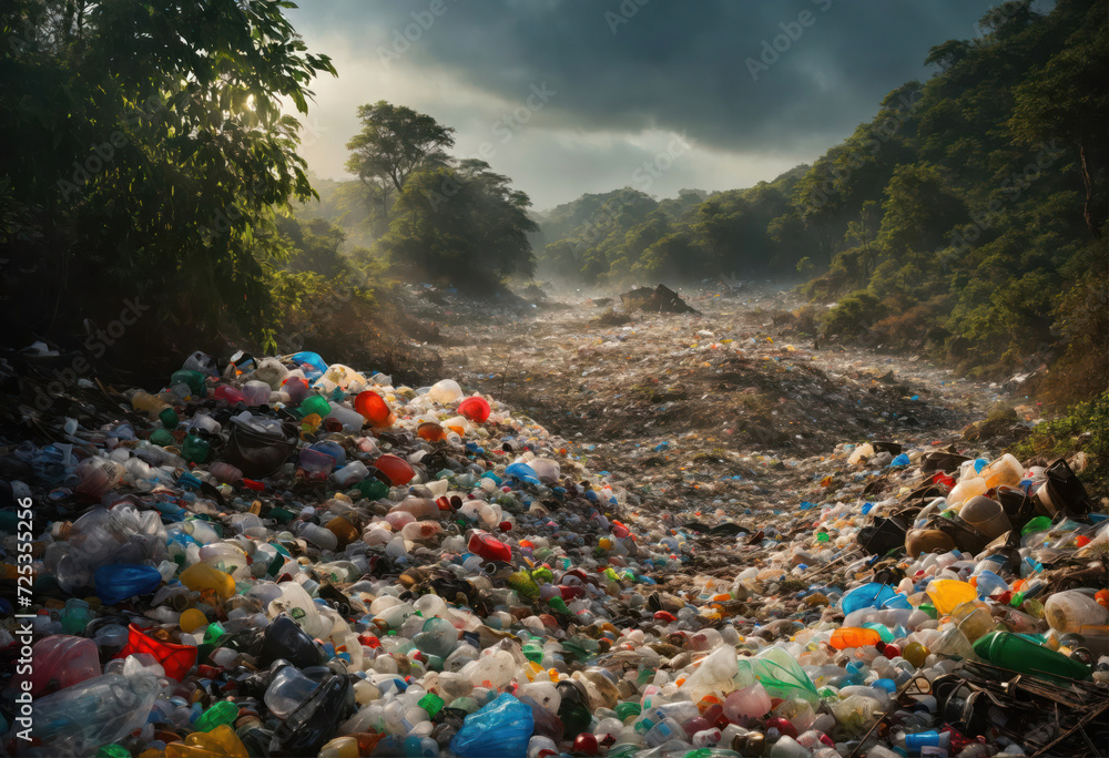 une décharge d'ordures en plastique au milieu d'une forêt en pleine nature - generative AI.jpg - obrazy, fototapety, plakaty 