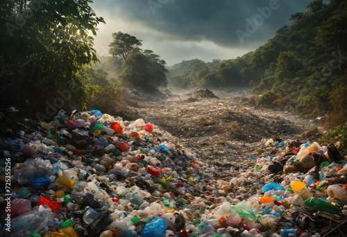 une décharge d'ordures en plastique au milieu d'une forêt en pleine nature - generative AI.jpg photo