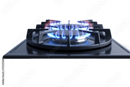 Gas burner with blue flame. Glowing fire ring on kitchen stove in top and side view. realistic mockup of burning propane butane in oven for cooking isolated photo