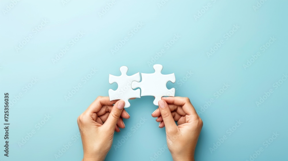 Concept of business,hands holding a jigsaw puzzle on pastel blue background Concept of business,hands holding a jigsaw puzzle on pastel blue background