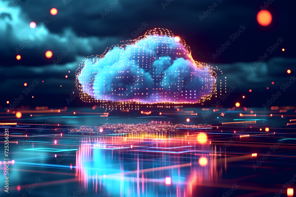 Digital data processing in the virtual cloud abstract background. Glowing digital cloud with pixels, lines, connectivity, and data flow in the virtual world. Cloud computing Background. Digital data processing in the virtual cloud abstract background. Glowing digital cloud with pixels, lines, connectivity, and data flow in the virtual world. Cloud computing Background.