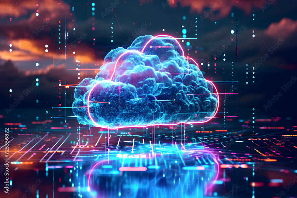 Digital data processing in the virtual cloud abstract background. Glowing digital cloud with pixels, lines, connectivity, and data flow in the virtual world. Cloud computing Background. Digital data processing in the virtual cloud abstract background. Glowing digital cloud with pixels, lines, connectivity, and data flow in the virtual world. Cloud computing Background.