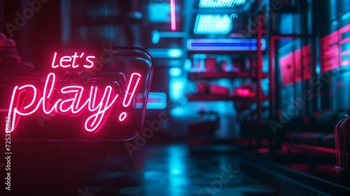 Let's Play Colorful Neon Lettering Cyberpunk Style. Banner illustration for gamers and streamers. photo