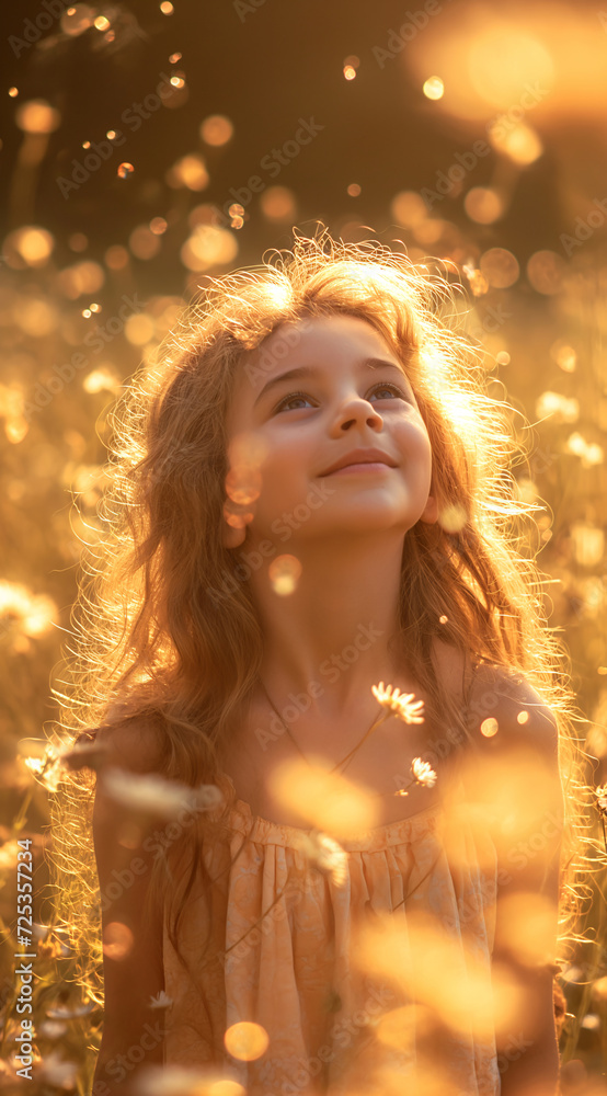 Young woman stands alone in a field of vibrant flowers, her face illuminated by the soft glow of the moonlight, a portrait of peace and serenity in the midst of nature's beauty Young woman stands alone in a field of vibrant flowers, her face illuminated by the soft glow of the moonlight, a portrait of peace and serenity in the midst of nature's beauty
