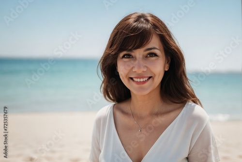 Beautiful and stylish senior woman standing at the beach with copy space, smiling and looking at the camera. Summer Holiday and Vacation Concept.	