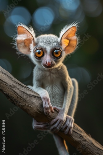 Cute Bushbaby with Large Eyes Perched on Tree Branch at Twilight, funny