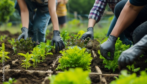 Community Garden Volunteers Planting Vegetables in Organic Farm