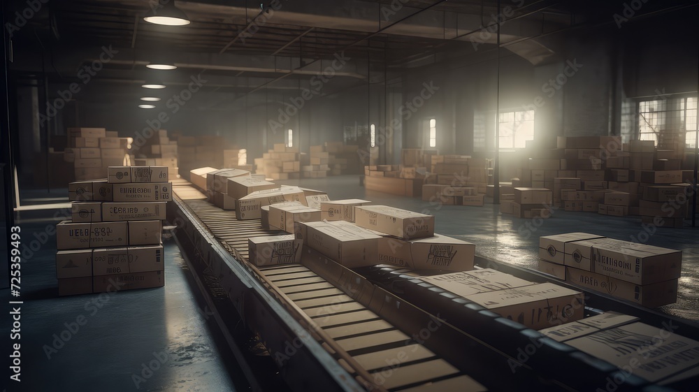 cardboard parcel boxes on conveyor rollers
