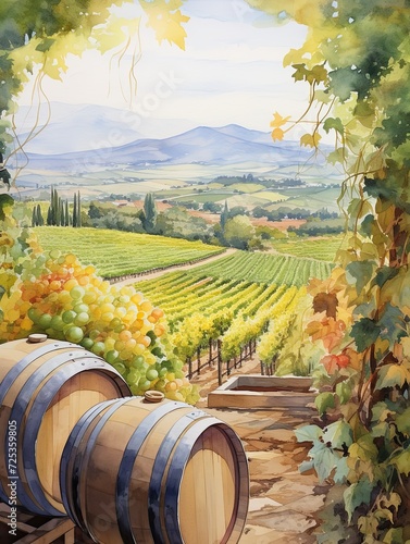 Abstract Wine and Vineyard Scenes: Captivating Watercolor Landscape with Pastel Vineyards and Wine Barrel