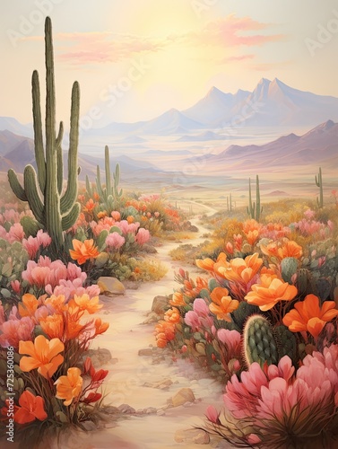 Bohemian Desert Vibes: Spring Desert Print with Blooming Cacti and Morning Mist Painting