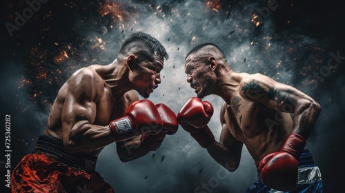 two Thai boxer fighting against each other, box ring, realistic photo, --ar 16:9 --v 5.2 Job ID: 83e5e14c-784d-434a-9edc-36d5e72044e3 © Marvin