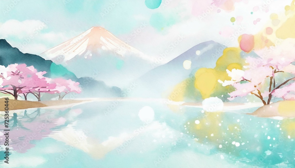 Fototapeta premium 富士山と湖と桜の淡い色の背景