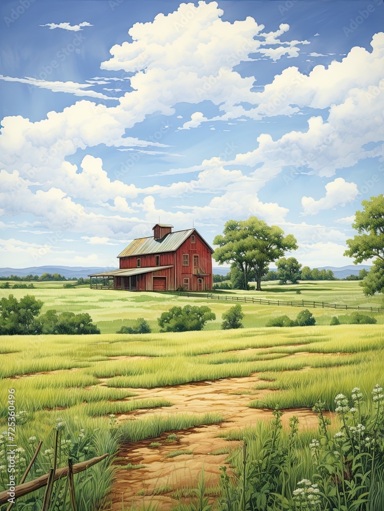 Charming Countryside Barns: Panoramic Landscape Print of Wide Barn View Charming Countryside Barns: Panoramic Landscape Print of Wide Barn View