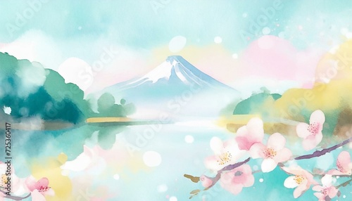 富士山と湖と桜の淡い色の背景 © satomi