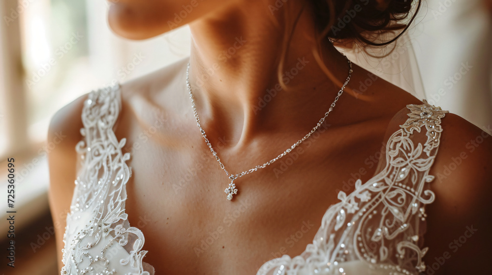 Bride wearing necklace close up