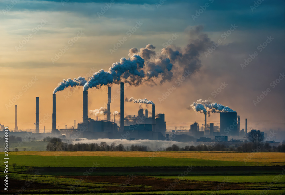 Une usine industrielle dans la campagne avec de la fumée qui sort des cheminées - generative AI Une usine industrielle dans la campagne avec de la fumée qui sort des cheminées - generative AI