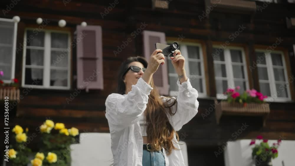 A young girl puts a lens on her phone. Young girl filming on a cell phone. Shooting on a cell phone. Removable lens. Traveling. Lens for cell phone. Portable lens. Sunny weather. Summer. Wooden city A young girl puts a lens on her phone. Young girl filming on a cell phone. Shooting on a cell phone. Removable lens. Traveling. Lens for cell phone. Portable lens. Sunny weather. Summer. Wooden city