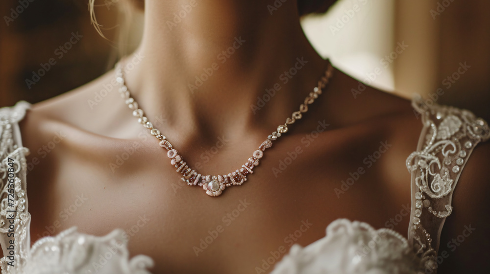 Bride wearing necklace close up